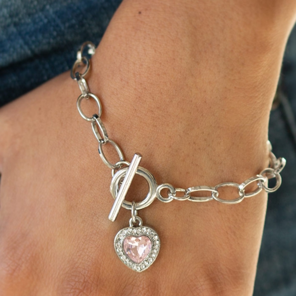 "Going Steady" - Heart-Shaped Pink Gem Bracelet
